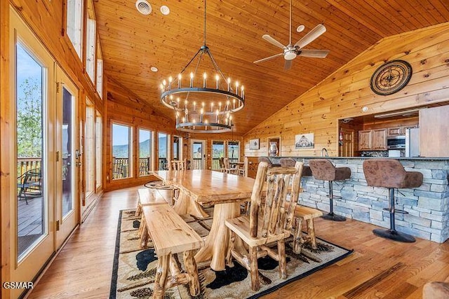 dining space featuring a healthy amount of sunlight, wood ceiling, and wood walls