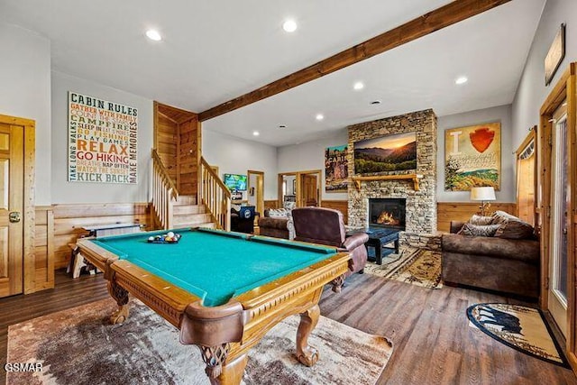 recreation room with recessed lighting, billiards, and wood finished floors