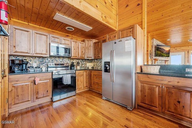 kitchen with stainless steel appliances, dark countertops, wooden ceiling, and light wood finished floors
