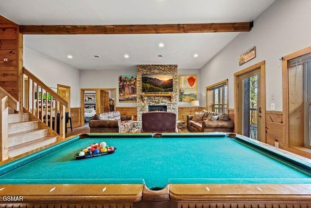 rec room featuring beamed ceiling, recessed lighting, pool table, and a fireplace