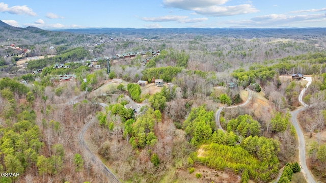 birds eye view of property featuring a wooded view