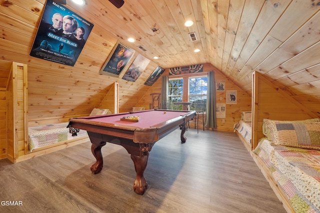 rec room featuring wooden ceiling, wood walls, billiards, and wood finished floors