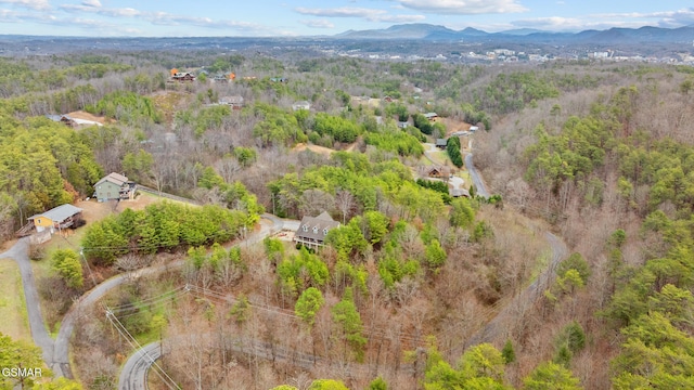 birds eye view of property featuring a view of trees and a mountain view