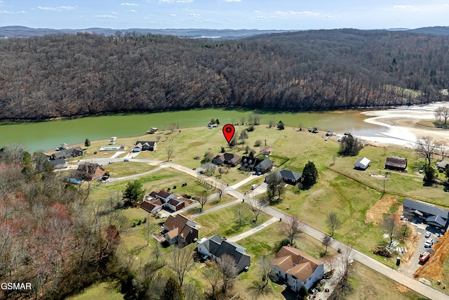 birds eye view of property with a view of trees and a water view