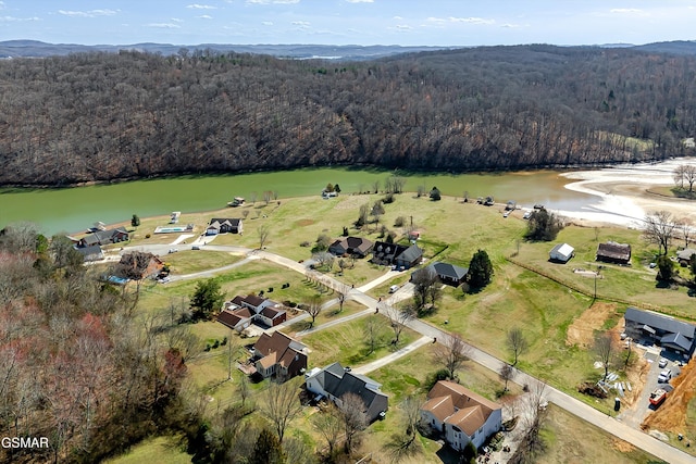 aerial view with a water view and a wooded view