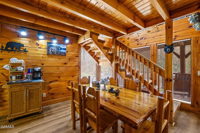 331 Caney Creek Rd, Pigeon Forge, TN 37863 - dining room with a wood ceiling with exposed beams, light wood-type flooring, wood walls, and stairway