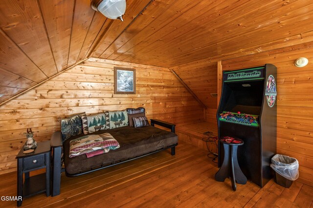 331 Caney Creek Rd, Pigeon Forge, TN 37863 - sitting room featuring wood ceiling, hardwood / wood-style flooring, wood walls, and lofted ceiling