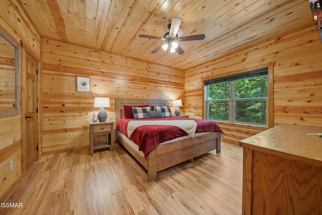 646 Stockton Dr, Sevierville, TN 37876 - bedroom featuring wooden walls, light wood-style flooring, wooden ceiling, and ceiling fan