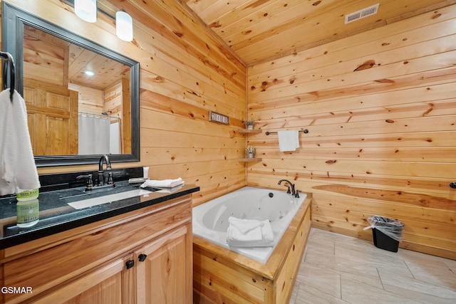 646 Stockton Dr, Sevierville, TN 37876 - bathroom featuring vanity, wooden walls, a tub with jets, and wooden ceiling