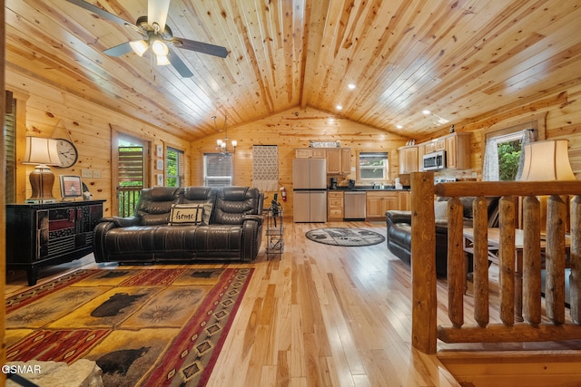 646 Stockton Dr, Sevierville, TN 37876 - living room with wood walls, lofted ceiling, light wood-style flooring, wood ceiling, and ceiling fan