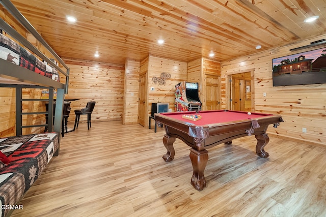 646 Stockton Dr, Sevierville, TN 37876 - recreation room featuring wood ceiling, billiards table, wooden walls, light wood finished floors, and recessed lighting