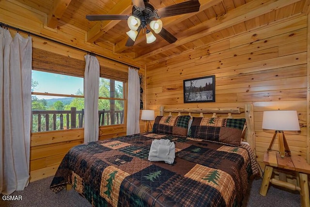 carpeted bedroom featuring beam ceiling, wood walls, and wooden ceiling