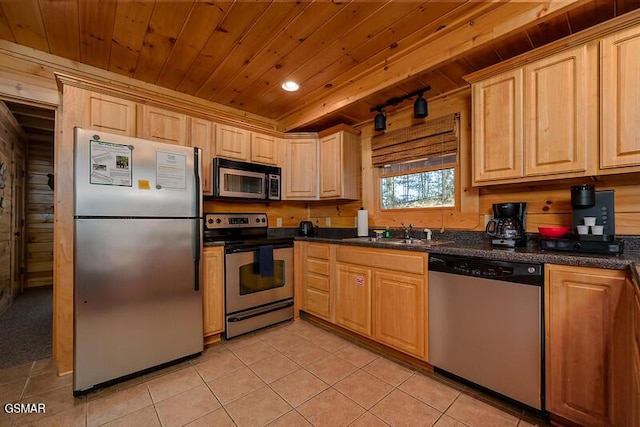 kitchen with a sink, dark countertops, stainless steel appliances, light tile patterned flooring, and wood ceiling