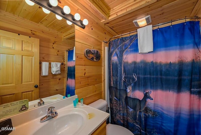 full bathroom featuring wooden walls, wood ceiling, toilet, a shower with shower curtain, and vanity