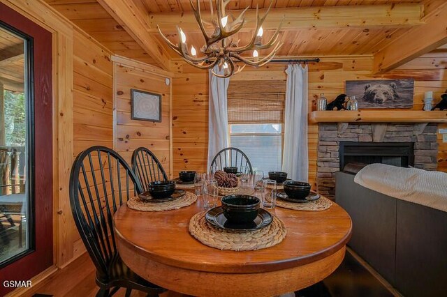 dining space featuring beam ceiling, wooden walls, wood ceiling, and a fireplace