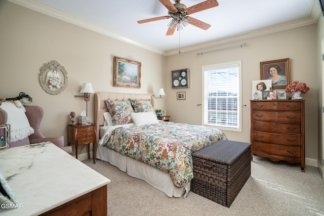 bedroom with light colored carpet, ornamental molding, and ceiling fan