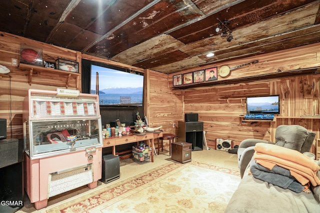 interior space featuring wood walls