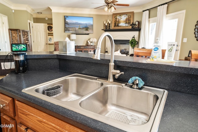 interior details with ceiling fan, ornamental molding, and sink