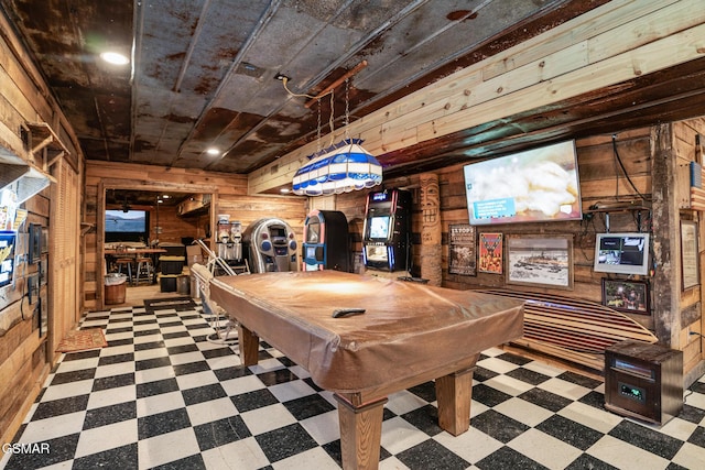 rec room featuring pool table and wooden walls