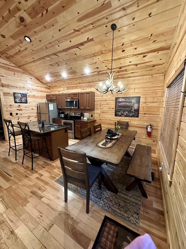 dining room featuring lofted ceiling, wooden walls, an inviting chandelier, and wooden ceiling