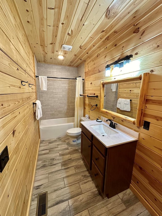 full bathroom with wood walls, vanity, wooden ceiling, and shower / tub combo