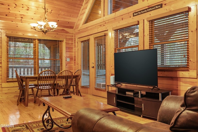 living area with an inviting chandelier, vaulted ceiling, wooden ceiling, wood walls, and hardwood / wood-style flooring