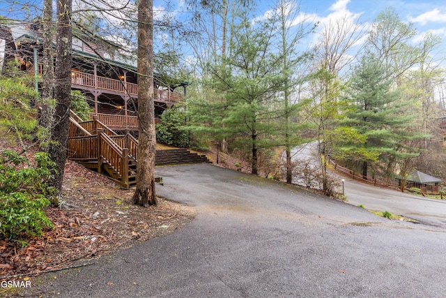 view of road with stairway and driveway
