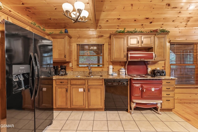 kitchen featuring a notable chandelier, a sink, light tile patterned floors, black appliances, and wooden ceiling