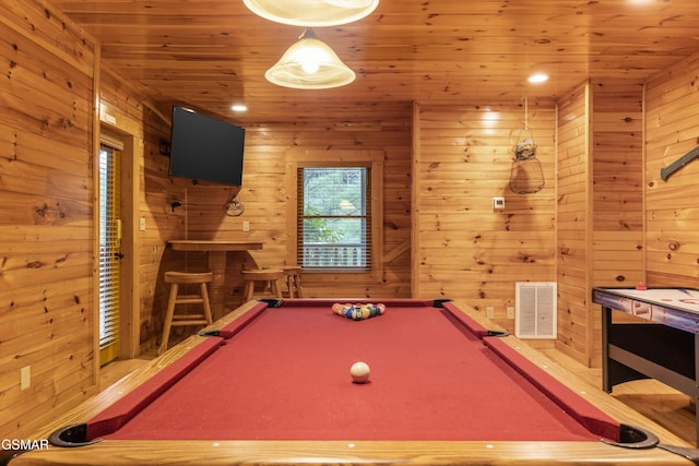 game room featuring visible vents, wooden ceiling, wooden walls, billiards, and recessed lighting