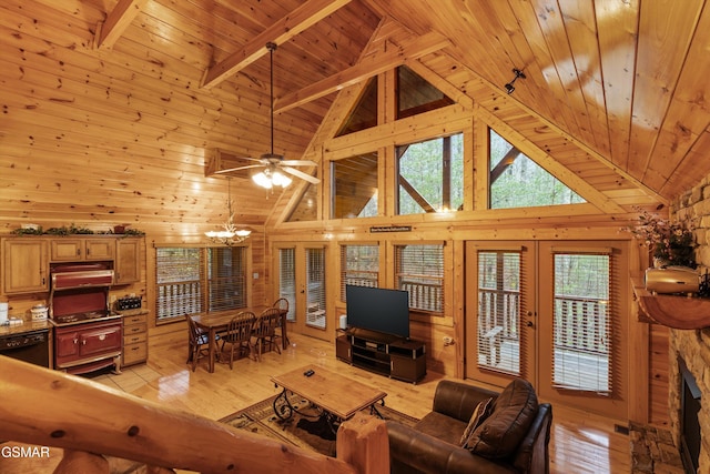 living area featuring wooden walls, beam ceiling, light wood-style flooring, and wooden ceiling