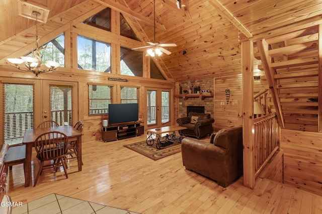 living area featuring wood walls, wooden ceiling, hardwood / wood-style flooring, and a fireplace