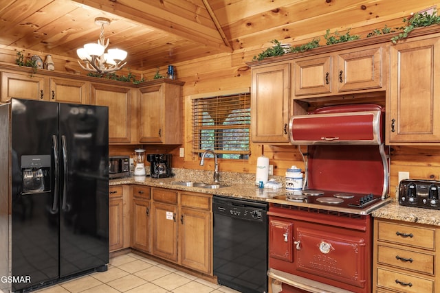 kitchen with light tile patterned floors, wooden ceiling, a sink, a chandelier, and black appliances