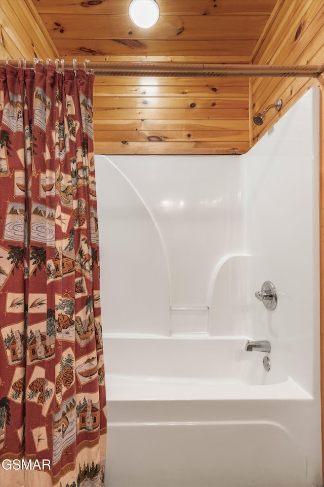 full bath with shower / bath combination with curtain and wood ceiling