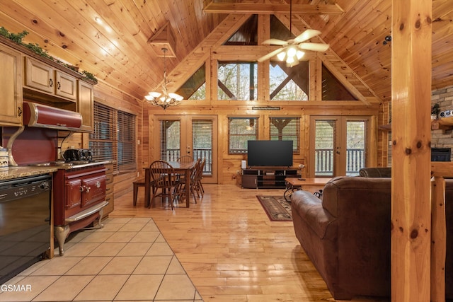living area with wood walls, light wood-style floors, high vaulted ceiling, ceiling fan with notable chandelier, and wooden ceiling