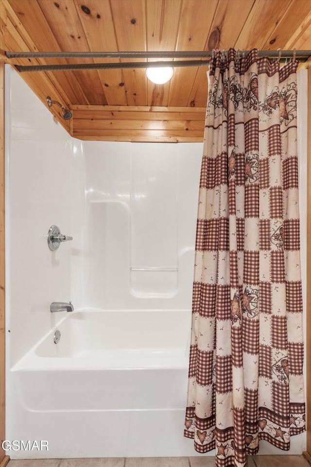 full bathroom with shower / bath combo and wood ceiling