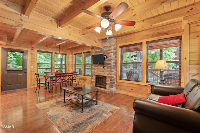 2377 Alpine Village Way, Pigeon Forge, TN 37863 - living area with wood ceiling with exposed beams, wooden walls, plenty of natural light, a stone fireplace, and ceiling fan