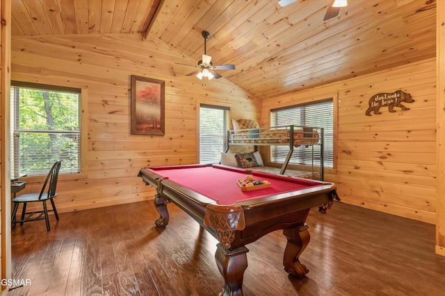 2377 Alpine Village Way, Pigeon Forge, TN 37863 - playroom with ceiling fan, billiards table, wooden ceiling, wood walls, and dark wood-style flooring