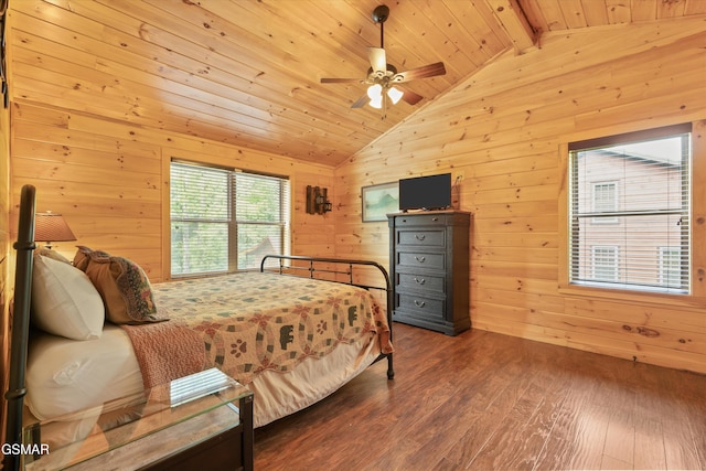 2377 Alpine Village Way, Pigeon Forge, TN 37863 - bedroom with wooden walls, wood ceiling, dark wood-style flooring, and ceiling fan