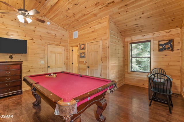 2377 Alpine Village Way, Pigeon Forge, TN 37863 - playroom with vaulted ceiling, wood walls, wooden ceiling, dark wood-style floors, and pool table
