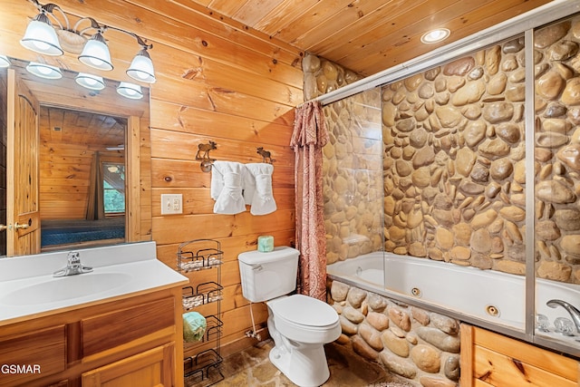 full bathroom with tiled shower / bath combo, wood walls, toilet, vanity, and wood ceiling