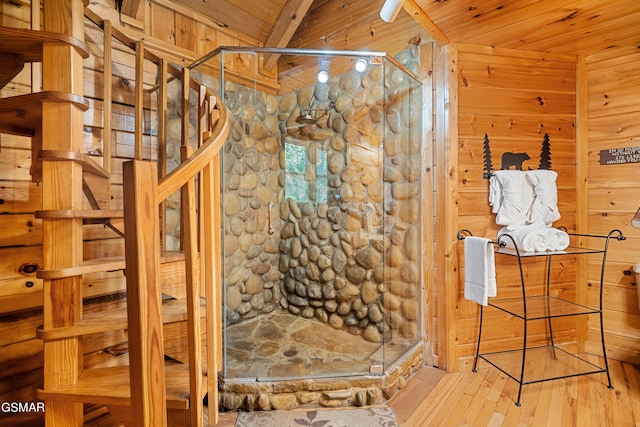 bathroom with vaulted ceiling with beams and wood ceiling