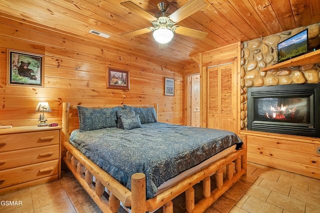 bedroom with wood walls, ceiling fan, and wooden ceiling