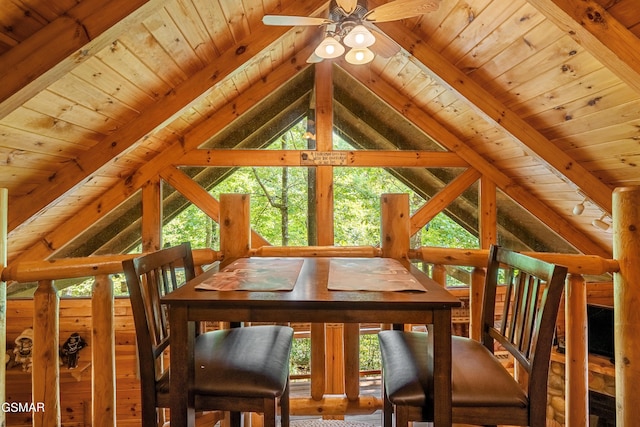 unfurnished dining area with vaulted ceiling with beams, plenty of natural light, and wood ceiling