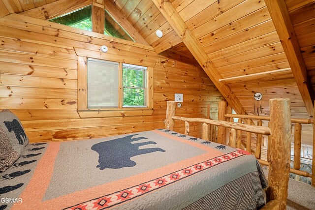 bedroom with lofted ceiling with beams, carpet, wooden ceiling, and wood walls