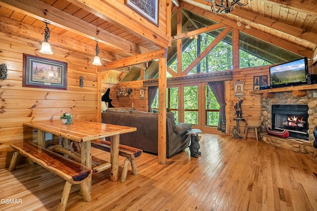 dining space featuring light hardwood / wood-style floors, beam ceiling, a stone fireplace, and wood ceiling