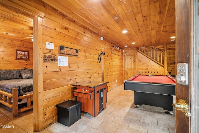 game room featuring wood ceiling, ceiling fan, billiards, and wooden walls