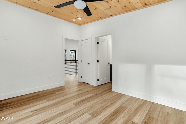 empty room featuring light hardwood / wood-style floors, ceiling fan, and wooden ceiling