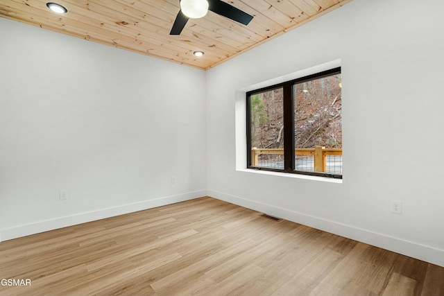 unfurnished room with ceiling fan, light hardwood / wood-style floors, and wood ceiling