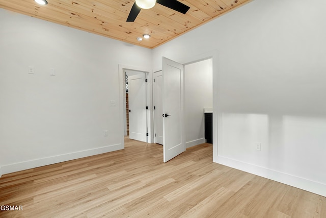 spare room featuring ceiling fan, light hardwood / wood-style flooring, and wooden ceiling