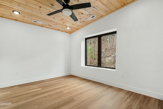 unfurnished room featuring vaulted ceiling, ceiling fan, light hardwood / wood-style floors, and wood ceiling